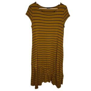 Lisa Bayne Womens Short Sleeve Midi Dress XS Mustard Black Stripe Asymmetrical